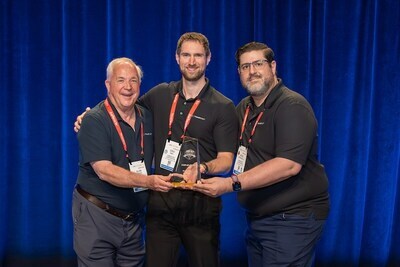 Powercast accepts award for Best New Product of RFID Journal LIVE! 2025 for its RFID-powered, wire-and-battery-free sensor condition monitoring system customized for data centers. L to R: Alan Neves, Director of Sales; Eric Biel, Director of Strategic Partnerships; Ross Petrocelli, Director of Strategic Marketing.